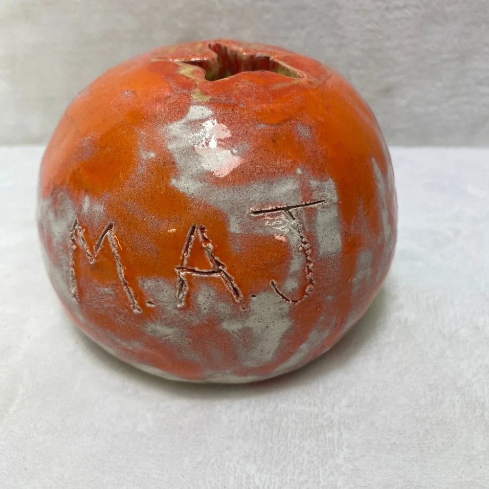 Handmade‎ Ceramic Ugly Face Jack-O-Lantern  Candle Holder Orange Glazed Folk Art